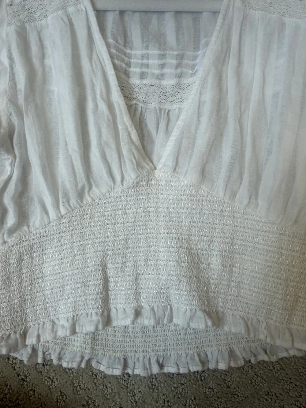 Zara Cream Boho Lace-Trimmed Smocked Peasant Blouse